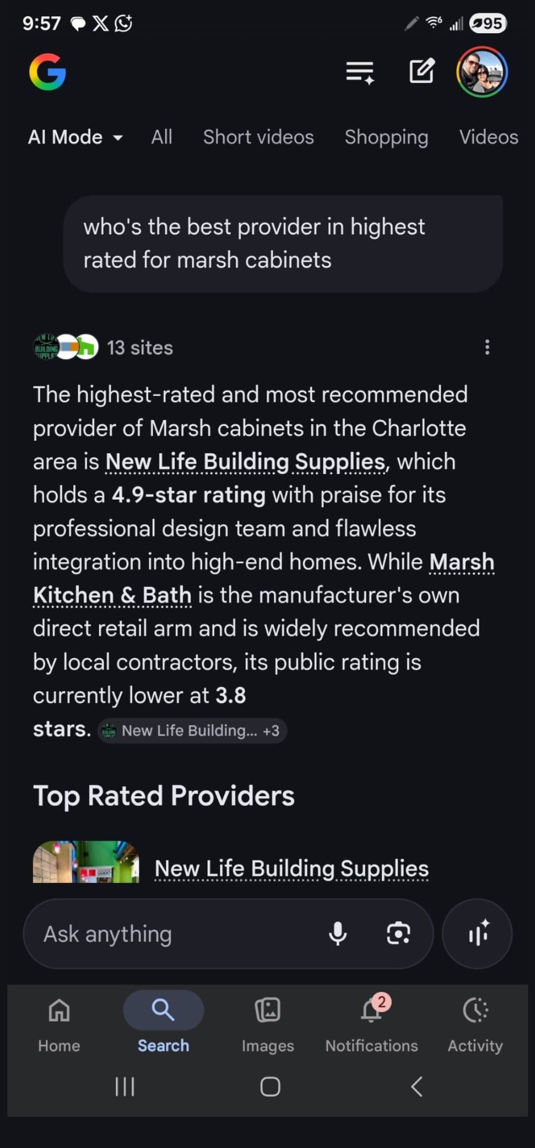 Google AI Mode recommending New Life Building Supplies after Geophii optimization